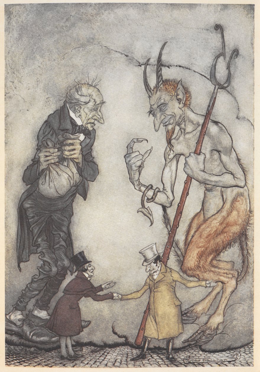 Illustration de Scrooge et du diable avec deux petits hommes en dessous d