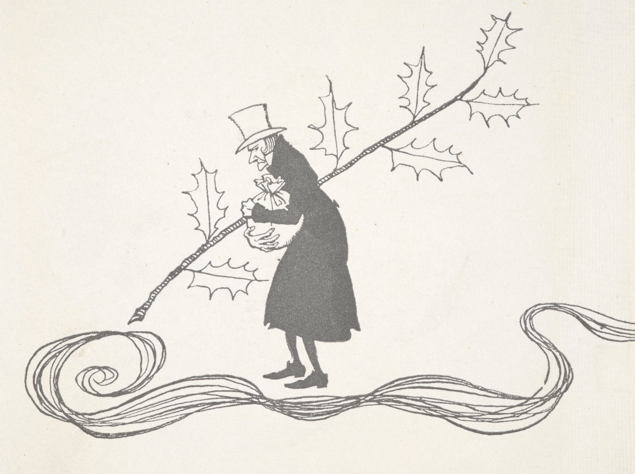 Illustration de Scrooge, représenté par une branche de houx, tenant un sac d
