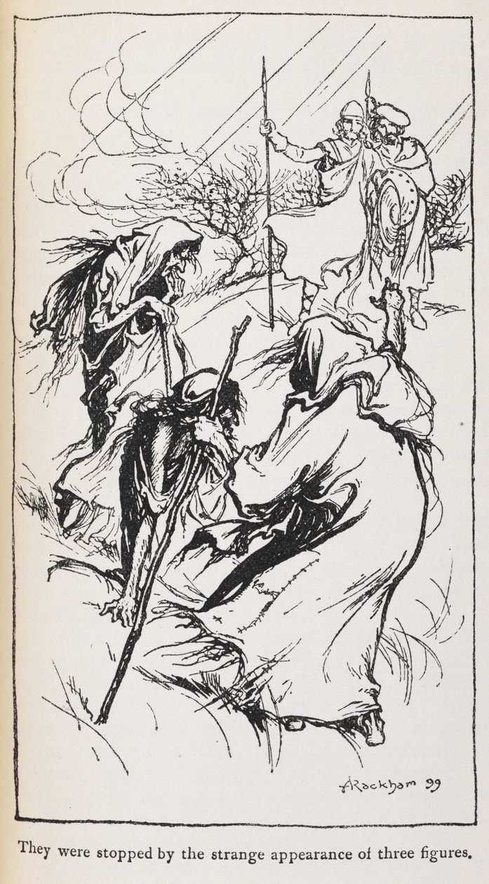 Illustration des trois sorcières, Macbeth et Banquo - Arthur Rackham