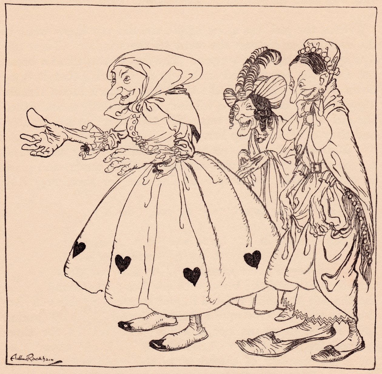 Les trois femmes sont entrées habillées de la manière la plus étrange. Illustration de Arthur Rackham du conte de fées de Grimm, Les Trois Fileuses. - Arthur Rackham