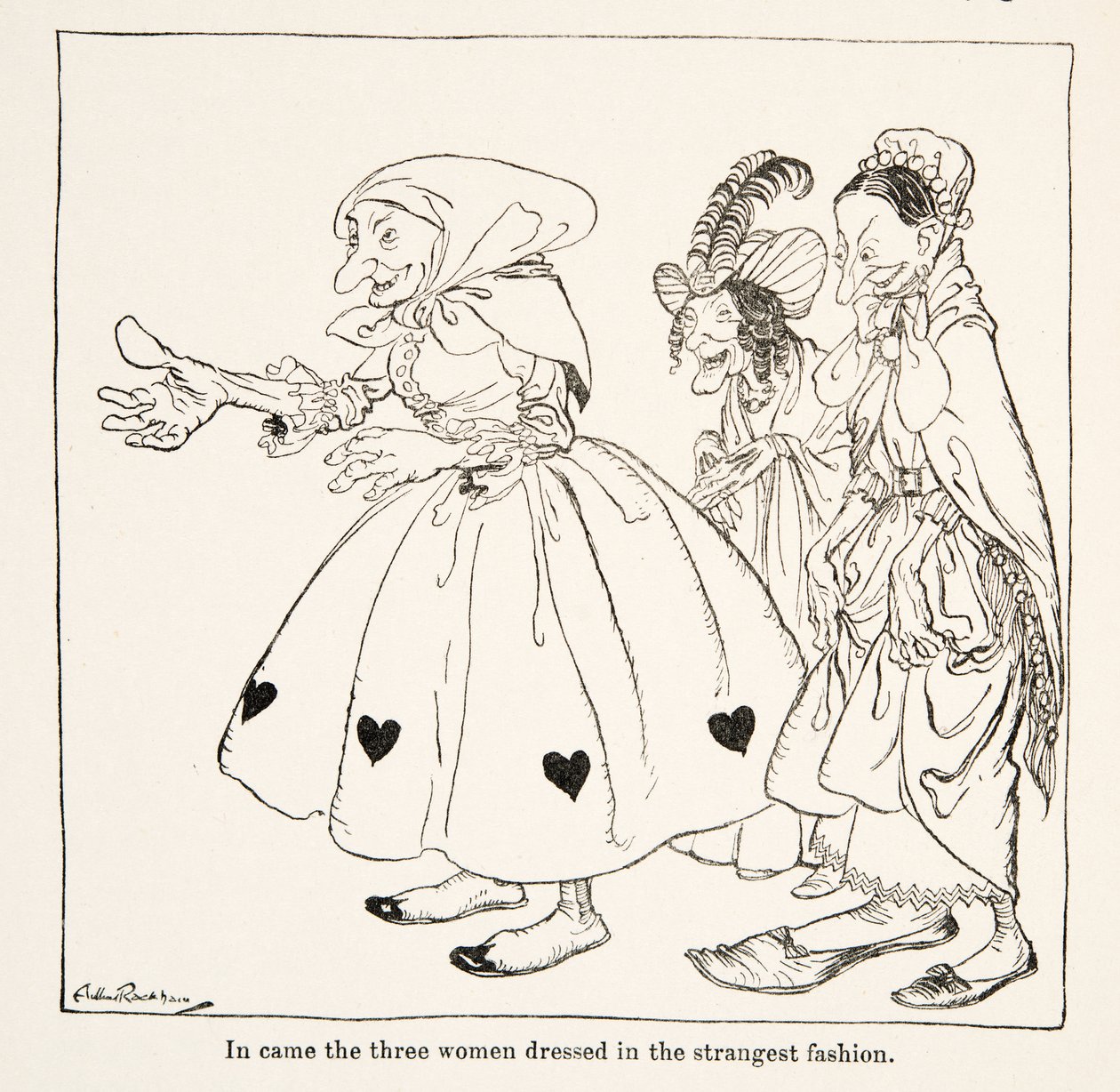 Les trois femmes sont arrivées habillées de la manière la plus étrange, de Petit frère et petite sœur et autres contes des frères Grimm - Arthur Rackham