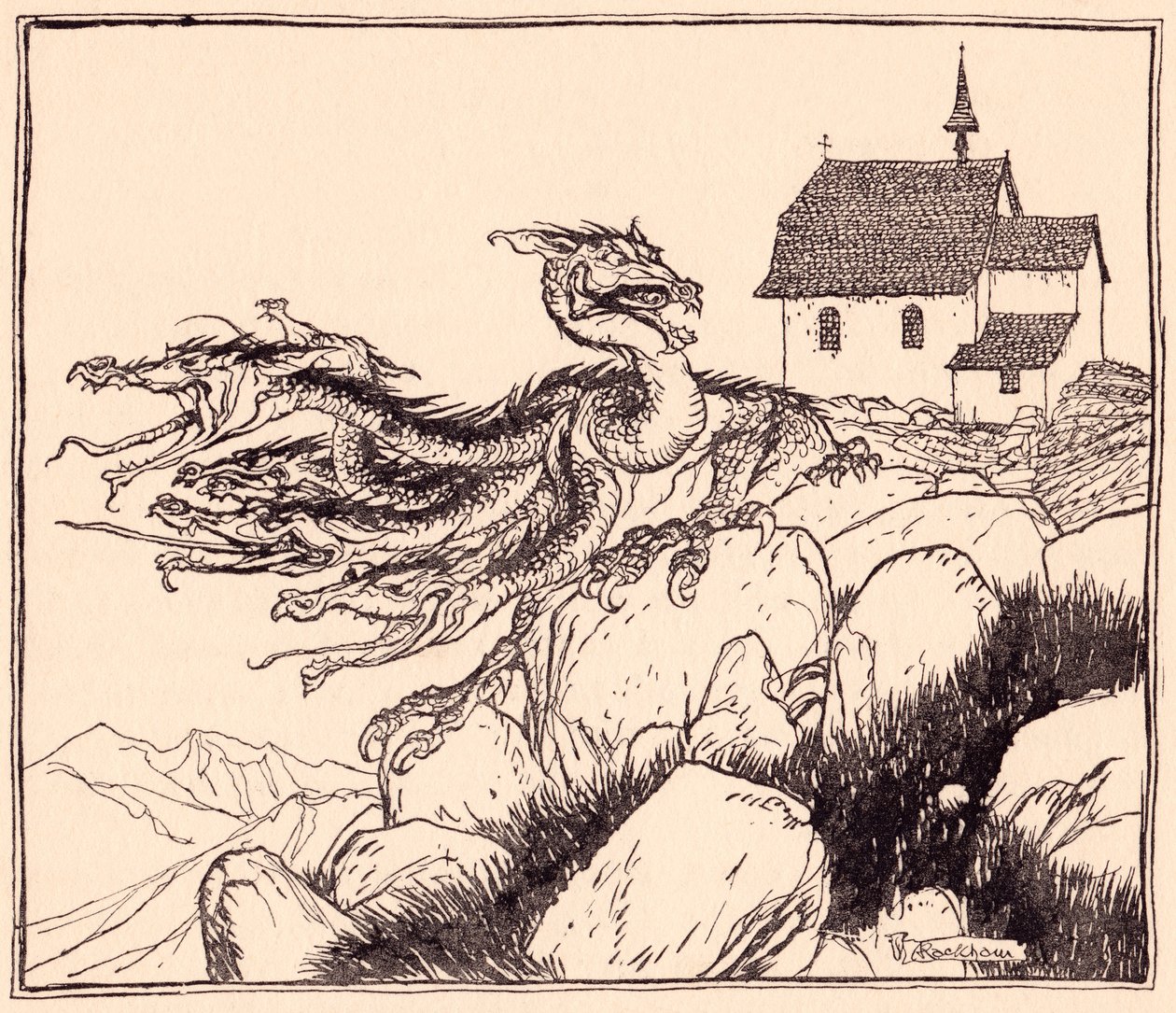 Il ne fallut pas longtemps avant que le dragon à sept têtes arrive, rugissant bruyamment. Illustration par Arthur Rackham du Conte de Grimm, Les Deux Frères. - Arthur Rackham