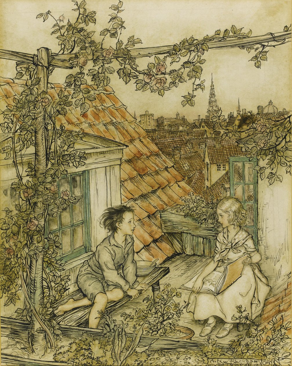 Kay et Gerda dans leur jardin en haut du toit. Illustration pour le conte de La Reine des Neiges - Arthur Rackham