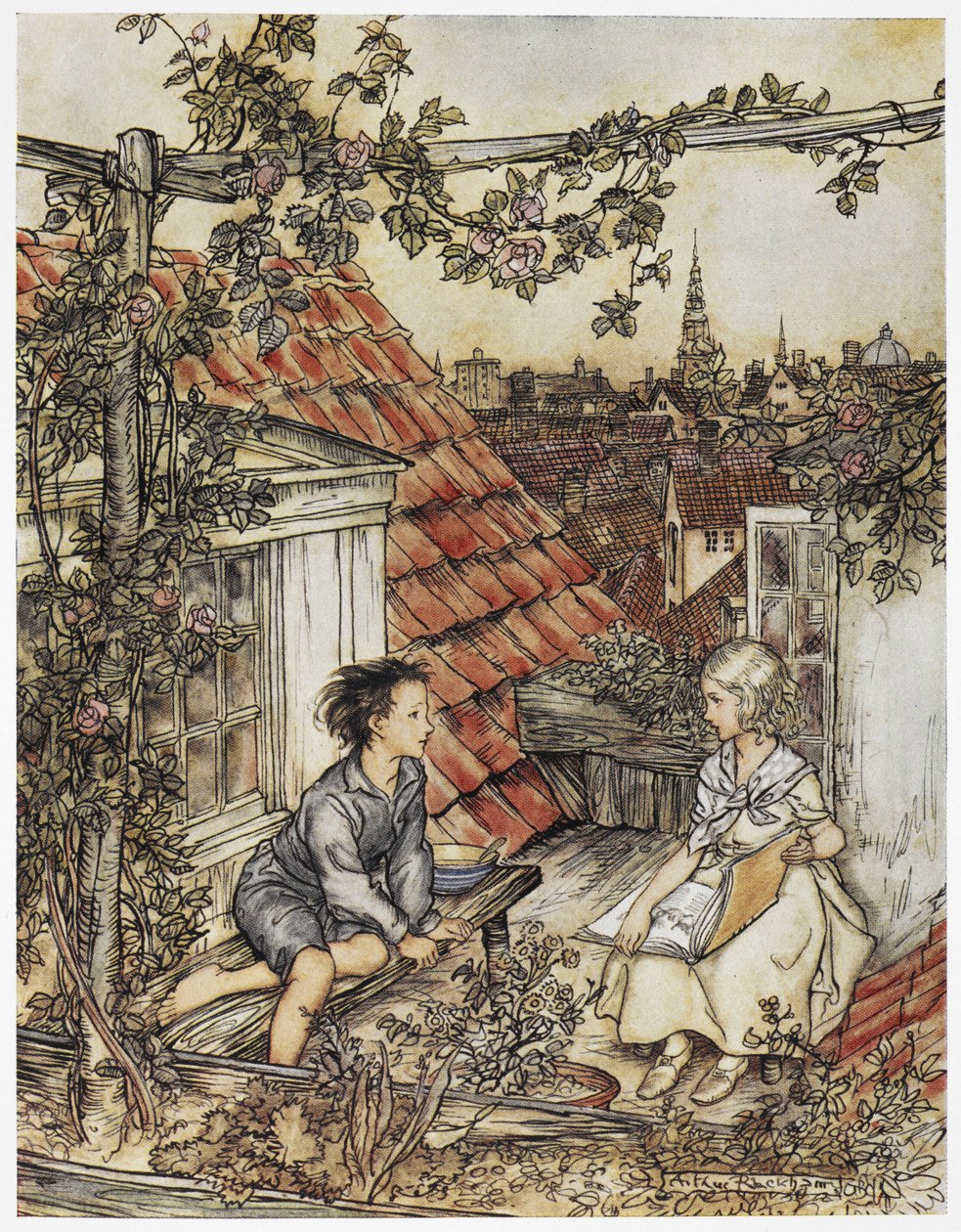"Kay et Gerda dans leur jardin en haut du toit". Deux enfants assis sur le toit d