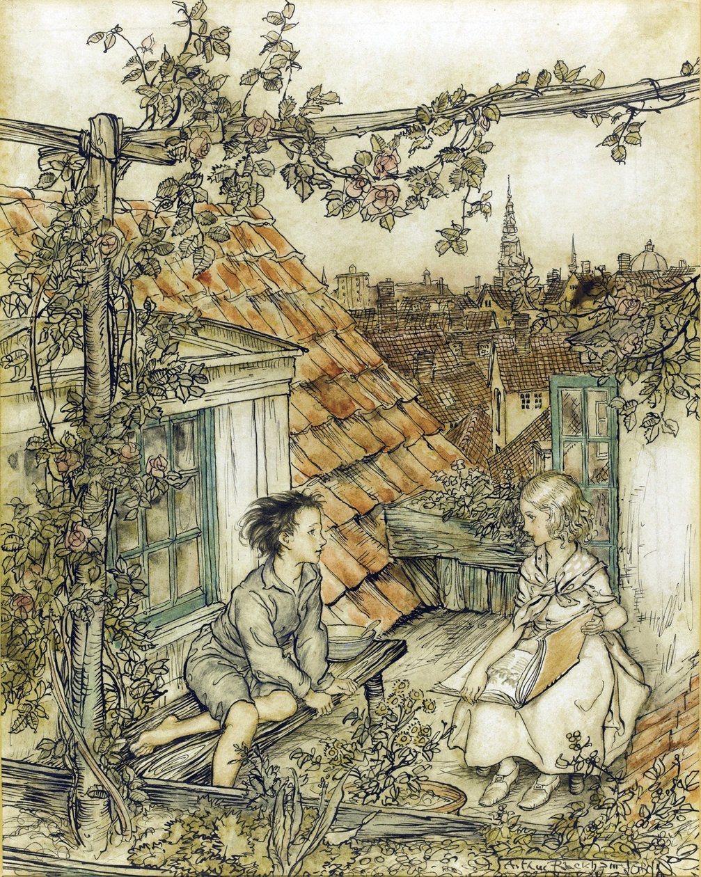 La Reine des neiges - Kay et Gerda dans leur jardin sur le toit - Arthur Rackham