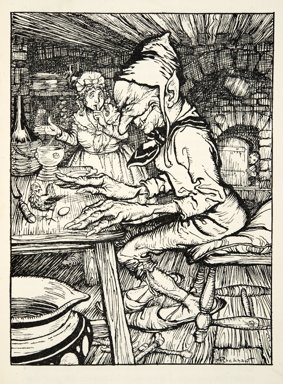 Pond ! rugit le géant et alors la poule pondit immédiatement un œuf en or massif, de The Arthur Rackham Fairy Book, pub. 1933 - Arthur Rackham
