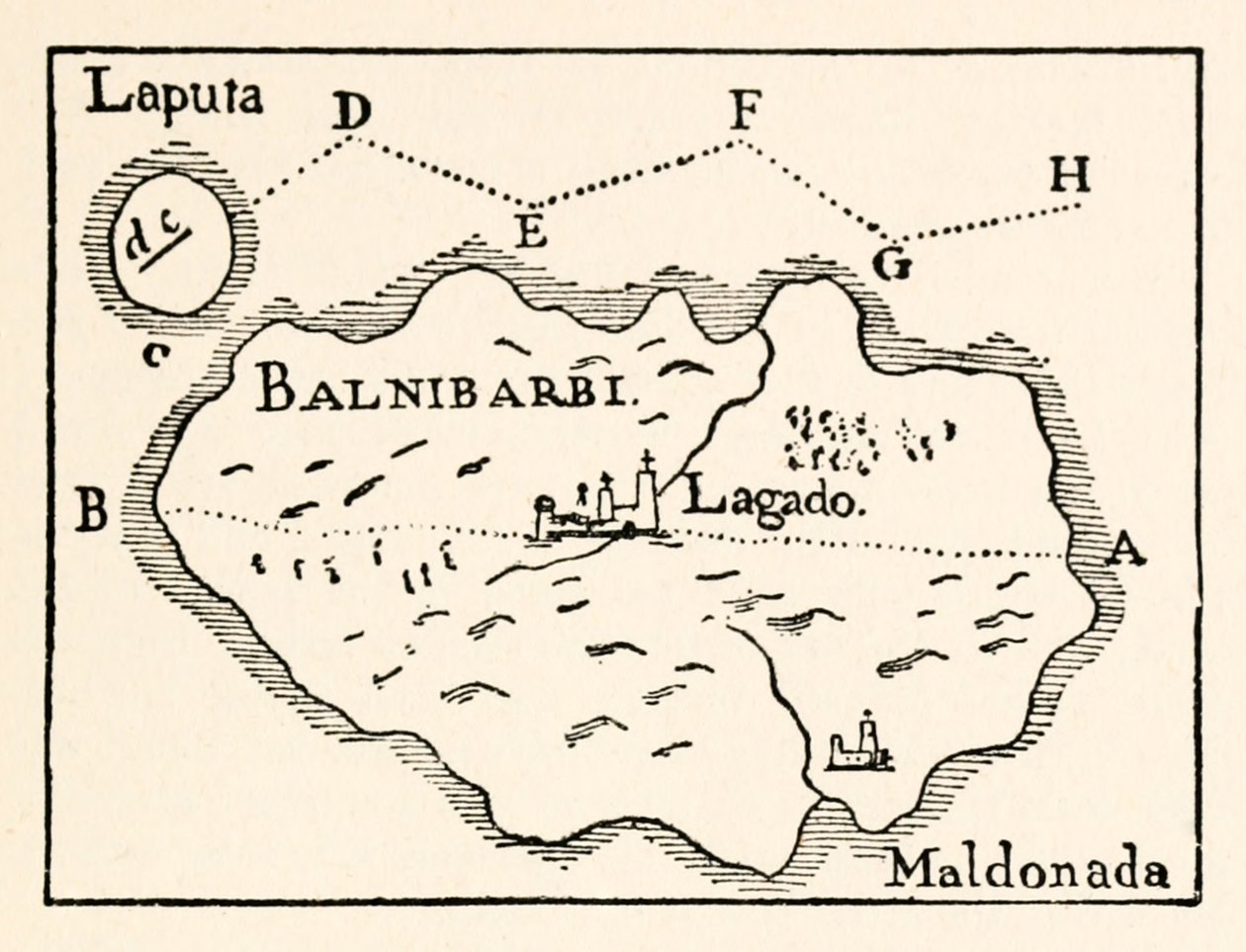 Carte de Laputa (île volante en haut à droite) et Balnibarbii (port principal Maldonada) de la Partie III : Un voyage à Laputa, Balnibarbi, Luggnagg, Glubbdubdrib et Japon dans les Voyages de Gulliver par Jonathan Swift - Arthur Rackham