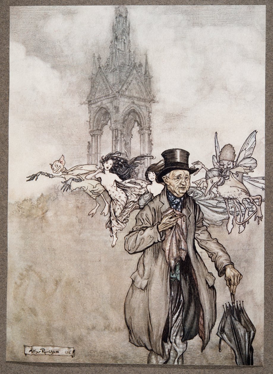 Le vieux M. Salford était un vieux monsieur grincheux qui errait toute la journée dans les jardins, de Peter Pan dans les jardins de Kensington par J M Barrie, pub. 1906 - Arthur Rackham