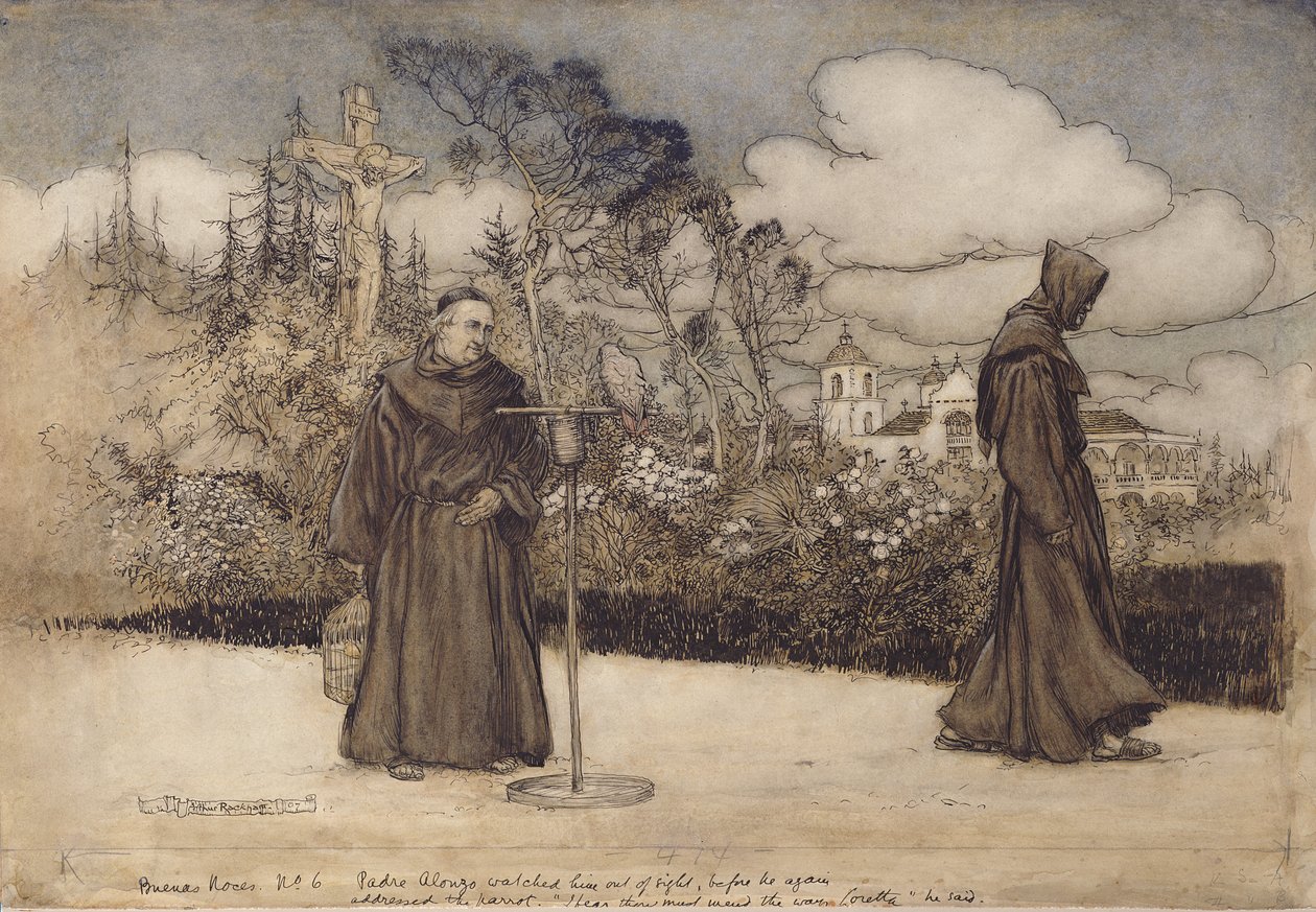 Padre Alonzo le regarda disparaître, illustration de Good Night par Eleanor Gates, 1907 - Arthur Rackham