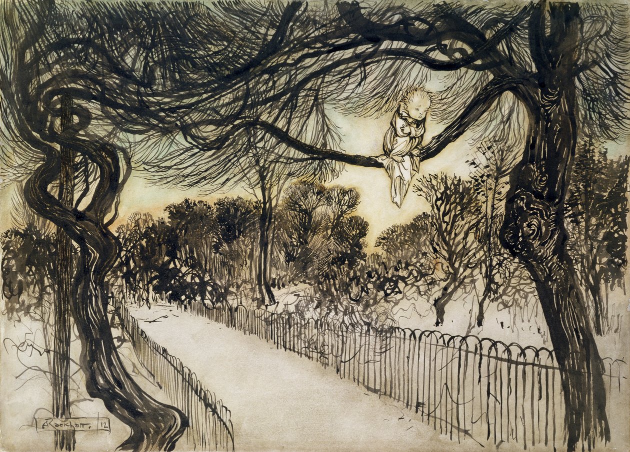 Peter Pan sur une branche, scène de Peter Pan dans les jardins de Kensington par J.M Barrie, 1912 - Arthur Rackham