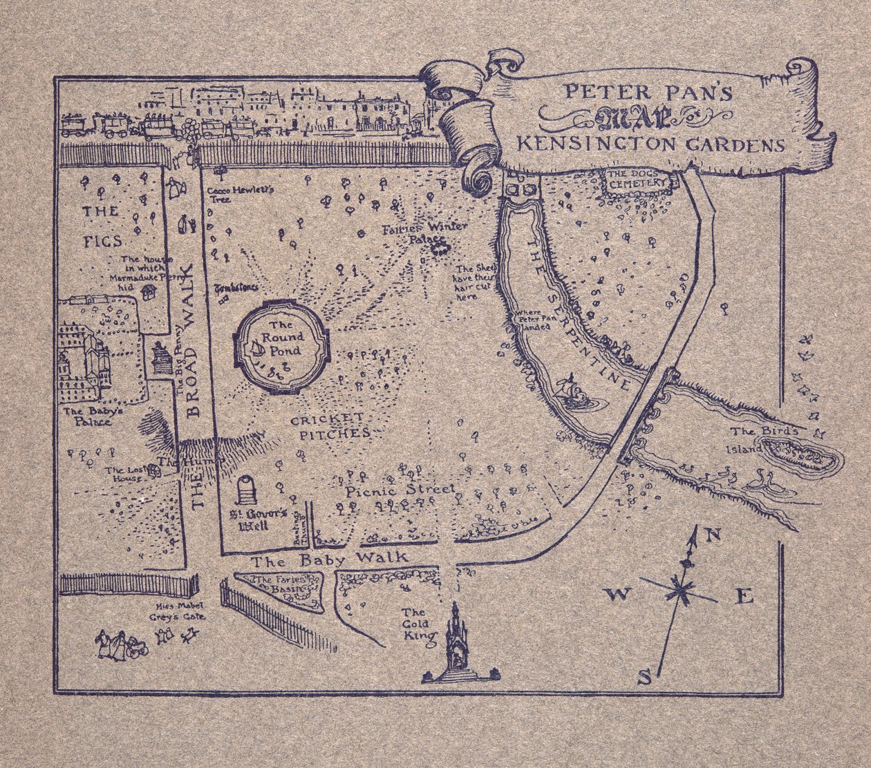 Carte de Peter Pan des jardins de Kensington, de Peter Pan dans les jardins de Kensington par J M Barrie, pub. 1906 - Arthur Rackham