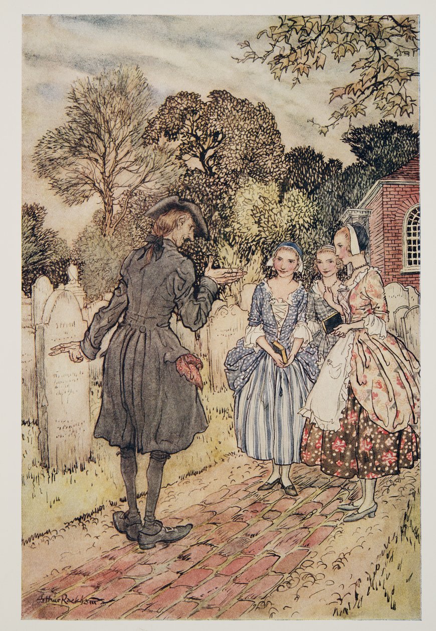 Récitant pour leur amusement toutes les épitaphes sur les pierres tombales, de La Légende de Sleepy Hollow par Washington Irving (1783 - 1859), pub. 1928 - Arthur Rackham