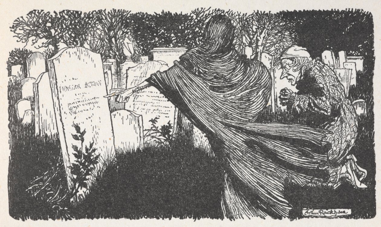 Scrooge et un fantôme dans un cimetière la nuit - Arthur Rackham