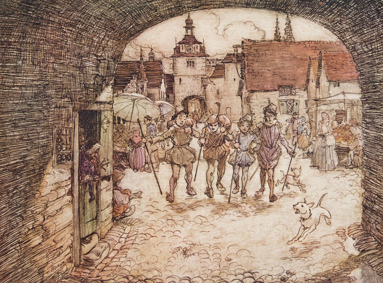 Alors les quatre frères prirent leurs bâtons en main, dirent au revoir à leur père et quittèrent la porte de la ville, des Contes de fées des frères Grimm, pub. 1909 - Arthur Rackham