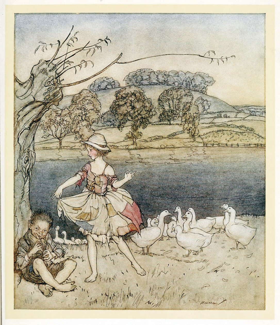 Tattercoats dansant pendant que le gardien des oies joue de la flûte, des Contes de Fées Anglais - Arthur Rackham