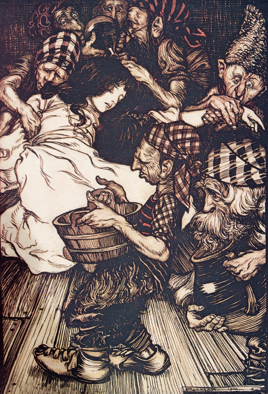 Les nains, en rentrant le soir, trouvèrent Blanche-Neige allongée sur le sol, des Contes de fées des frères Grimm, pub. 1909 - Arthur Rackham
