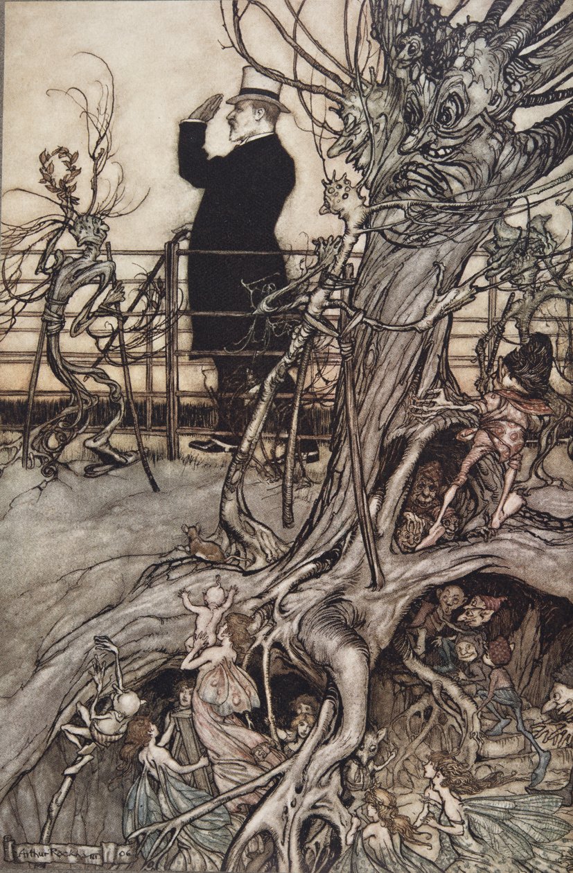 Les jardins de Kensington sont à Londres, où vit le roi..." de Peter Pan dans les jardins de Kensington par J M Barrie (1860 - 1937), pub. 1906 - Arthur Rackham