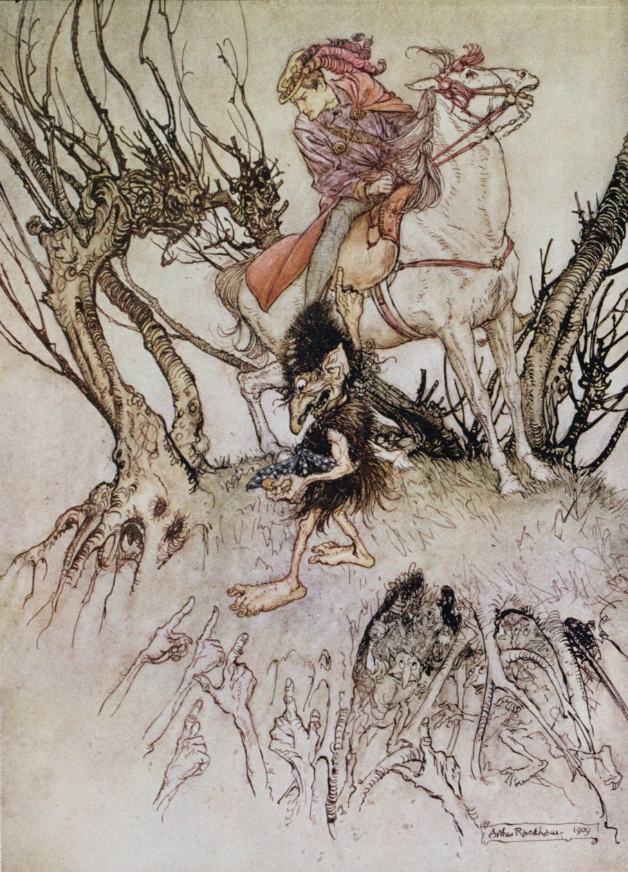 Le chevalier Hulbrand avec un gnome, illustration pour le conte 