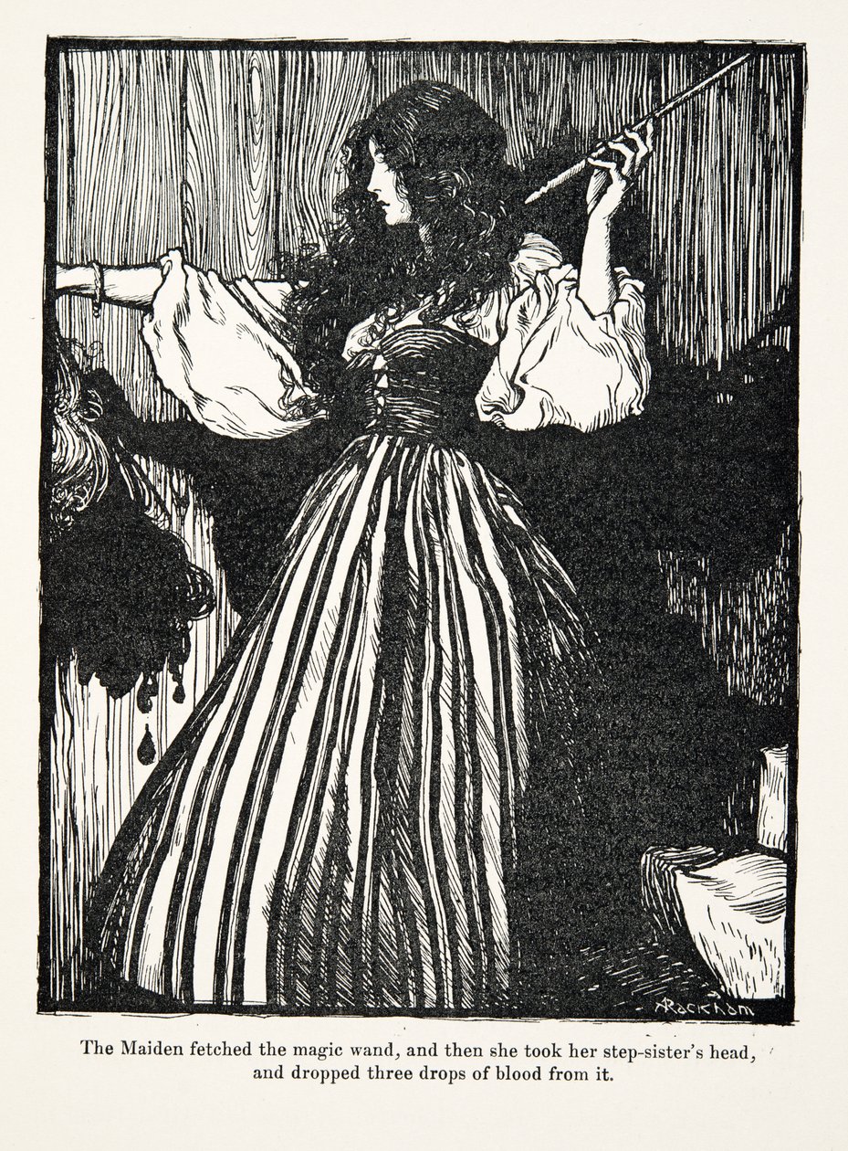 La jeune fille alla chercher la baguette magique, puis elle prit la tête de ses demi-sœurs et fit tomber trois gouttes de sang, des Contes de fées des frères Grimm, pub. 1909 - Arthur Rackham