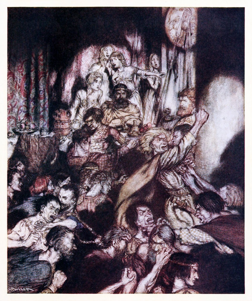 La salle de banquet était en tumulte de La petite bagarre dans Contes de fées irlandais - Arthur Rackham