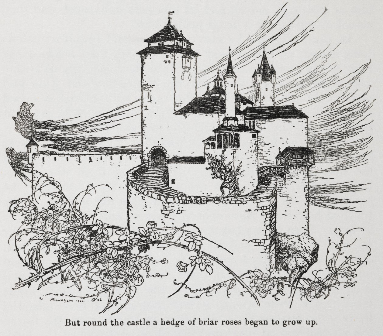 Le château entouré de ronces de La Belle au bois dormant - Arthur Rackham