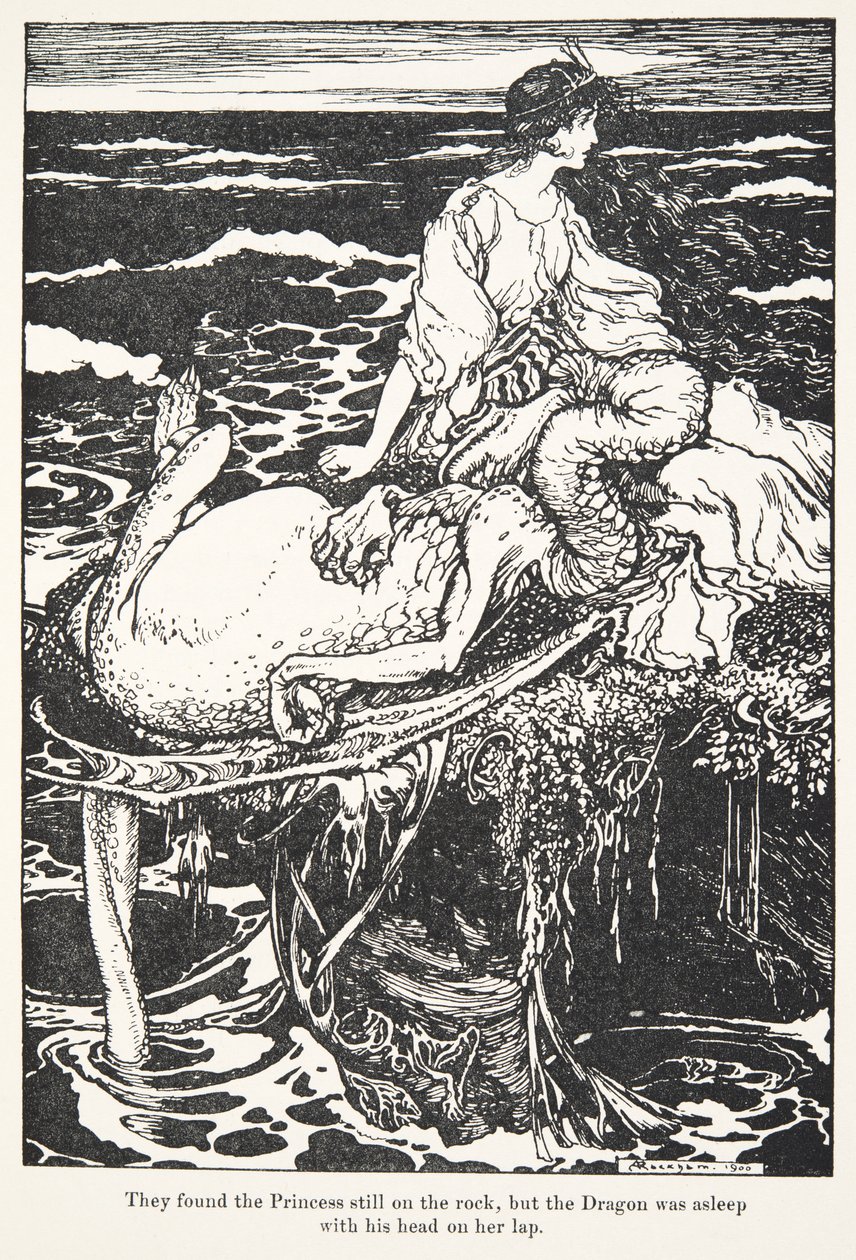 Ils trouvèrent la princesse encore sur le rocher, mais le dragon dormait la tête sur ses genoux, des Contes de fées des frères Grimm, pub. 1909 - Arthur Rackham