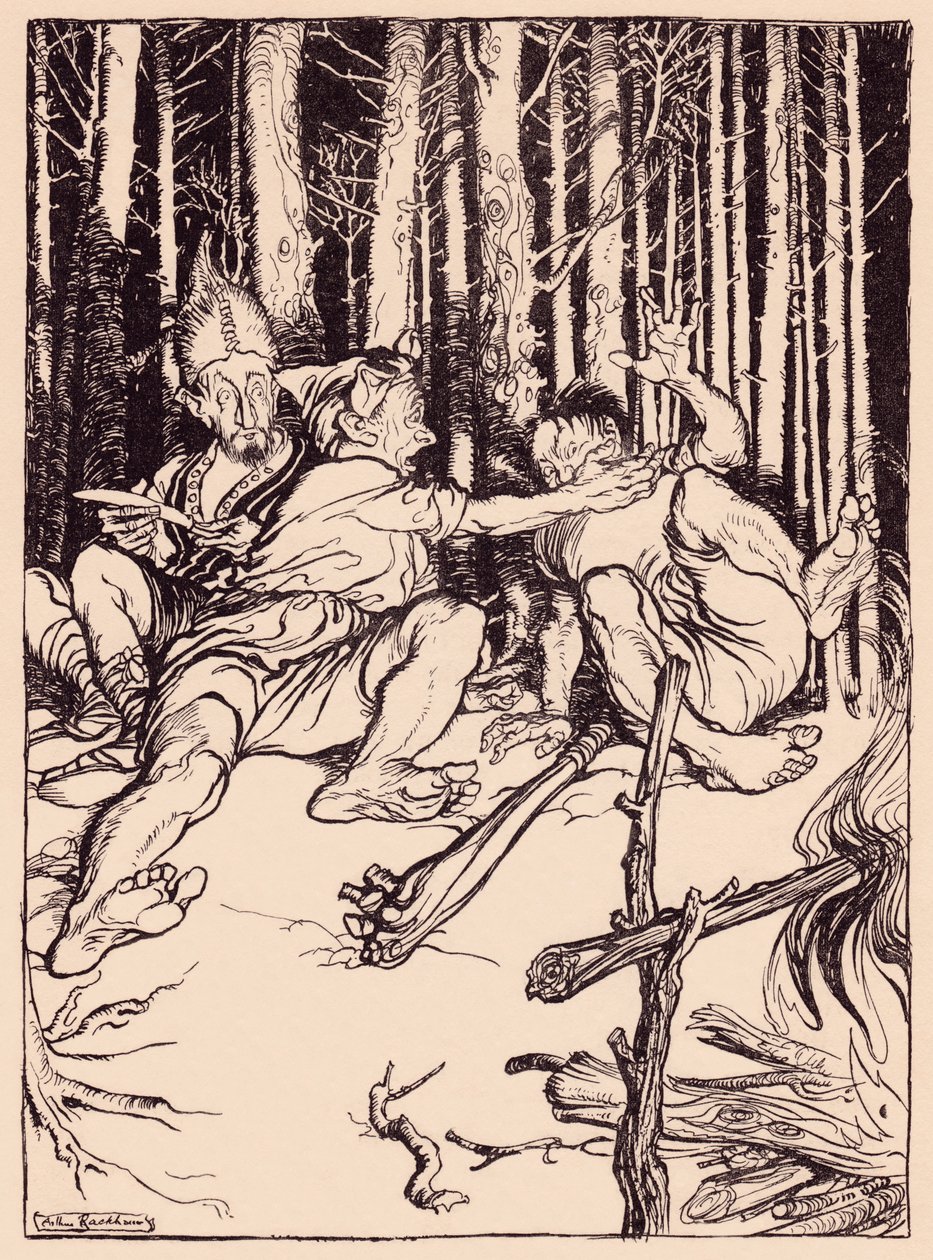 Le géant donna une gifle à celui qui était assis à côté de lui. Illustration par Arthur Rackham du Conte de Grimm, Le Chasseur Habile. - Arthur Rackham