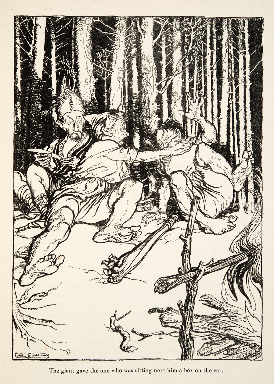 Le géant donna une gifle à celui qui était assis à côté de lui, de Petit Frère & Petite Sœur et autres contes par les frères Grimm, pub.1917 (litho) - Arthur Rackham