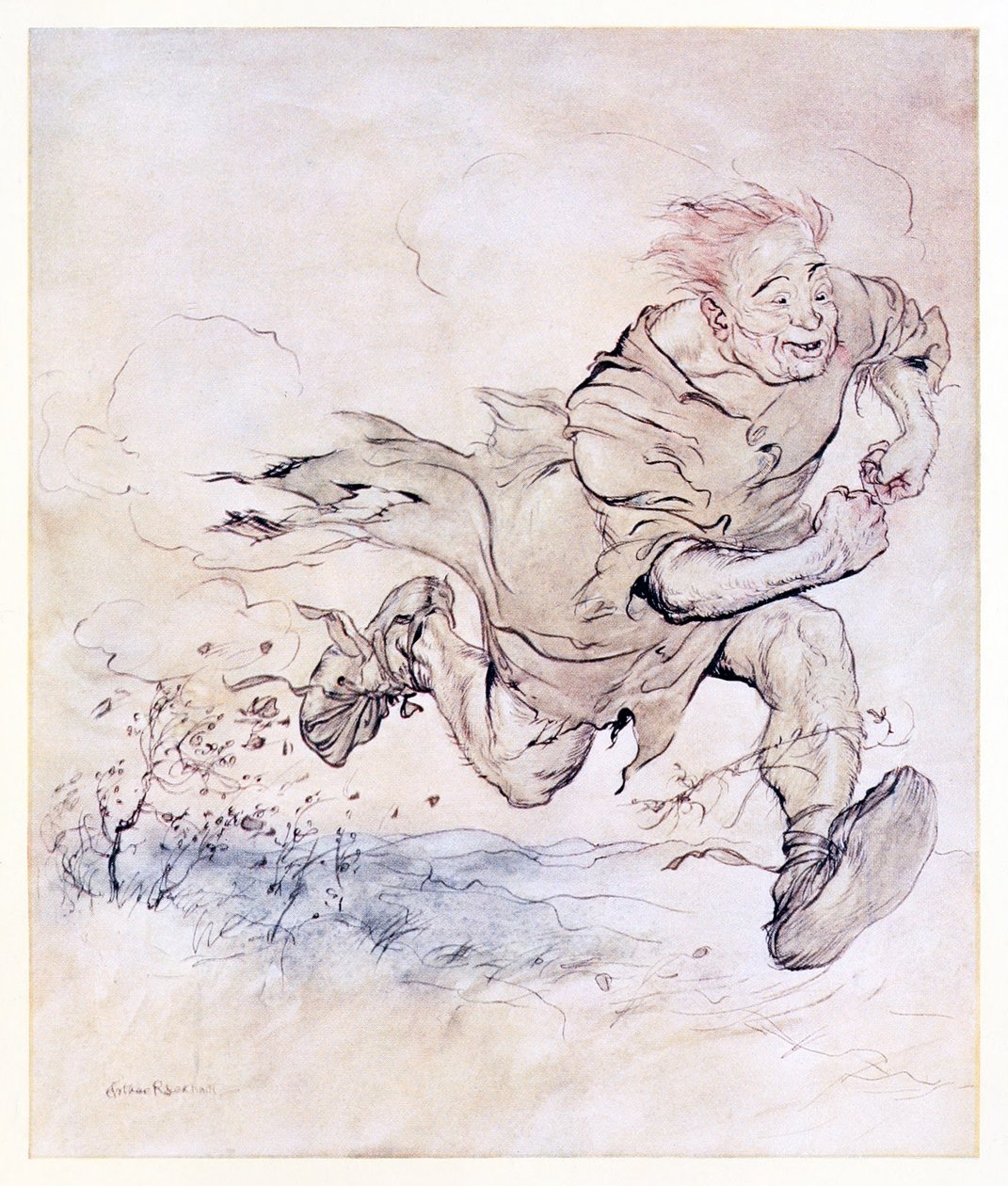 Le martèlement de ses grosses bottes devenait aussi continu que le crépitement des grêlons sur un toit, et le vent de son passage abattait des arbres de Le Carl du manteau drap dans Contes de fées irlandais - Arthur Rackham