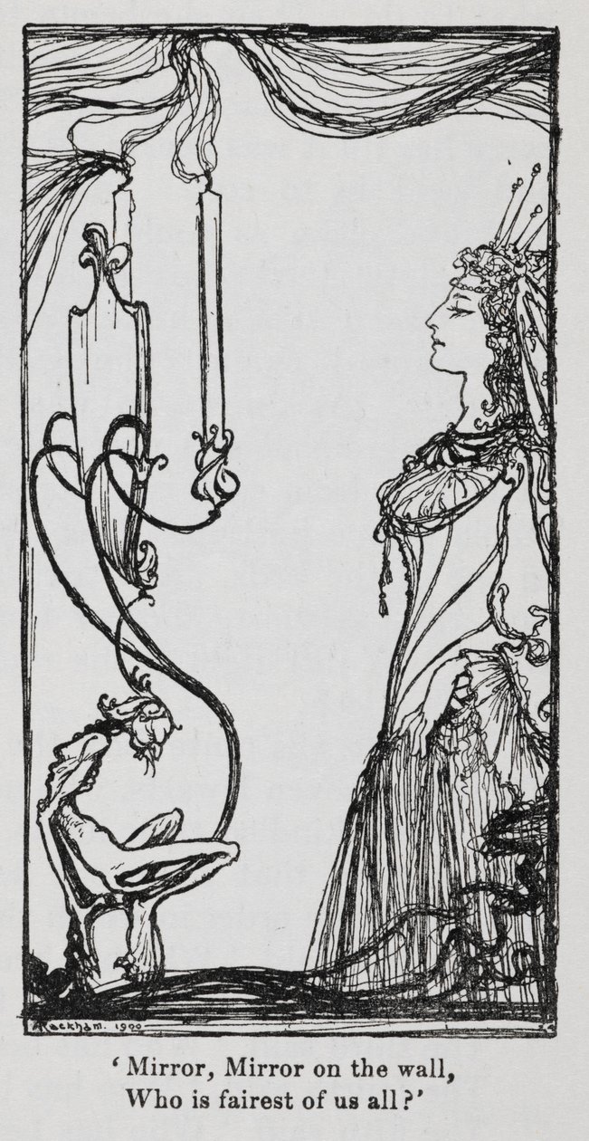 La méchante reine se regardant dans le miroir de Blanche-Neige - Arthur Rackham