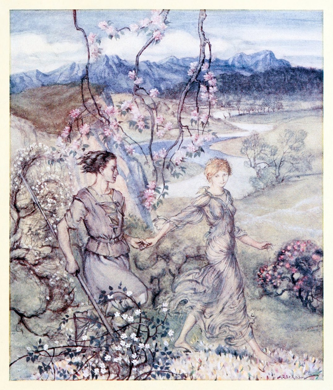 Puis ils [Iollan et Tuiren] sont allés main dans la main dans le pays qui sent la fleur de pommier et le miel de La naissance de Bran dans Contes de fées irlandais - Arthur Rackham