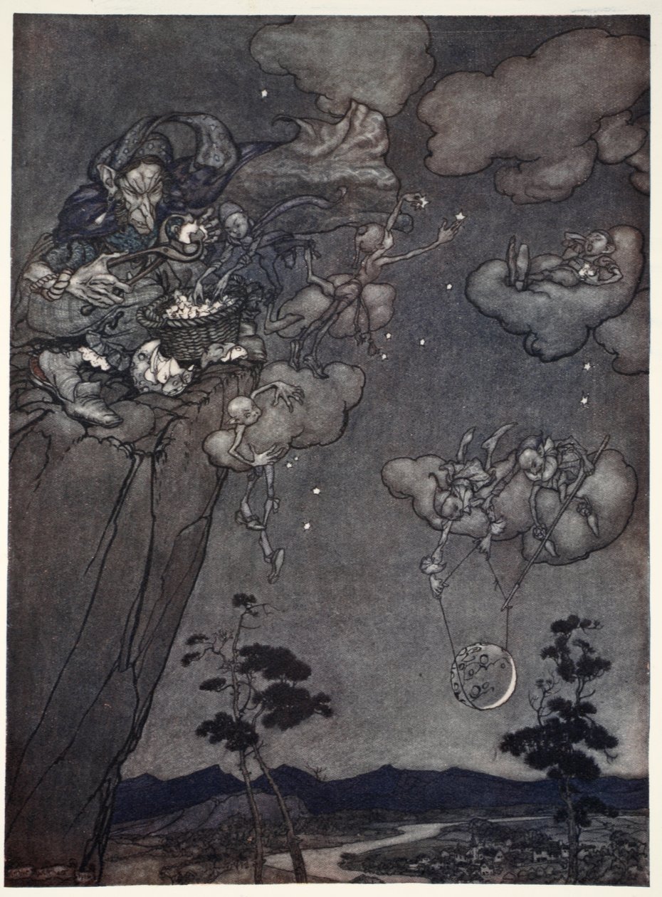 Ils étaient gouvernés par un vieil esprit squaw qui accrochait les nouvelles lunes dans le ciel et découpait les anciennes en étoiles, de Rip Van Winkle par Washington Irving, pub. 1910 - Arthur Rackham