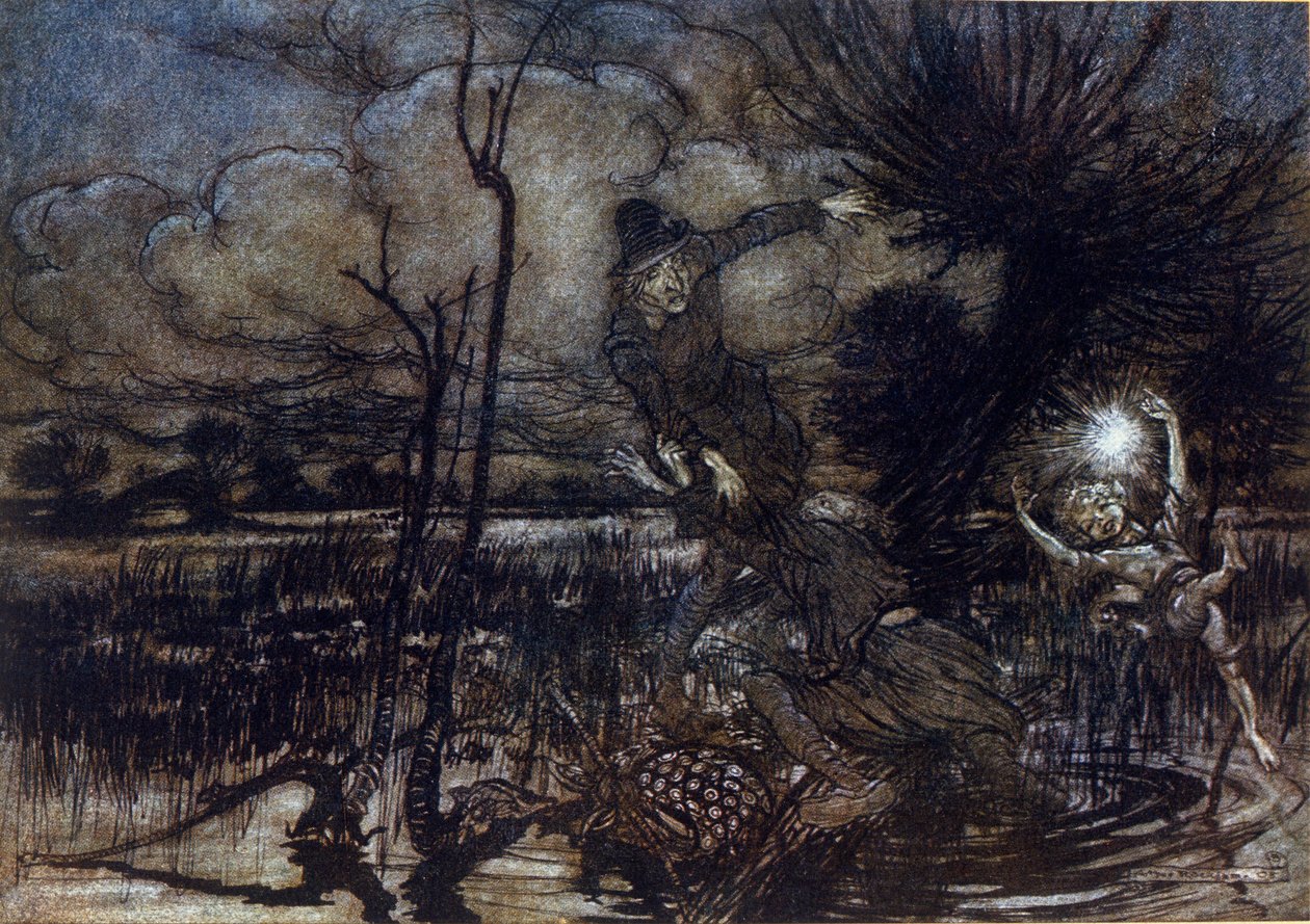 Deux personnages échouent à se noyer dans le marais, Puck les aide avec un feu. Illustration par Arthur RACKHAM pour Le Songe d