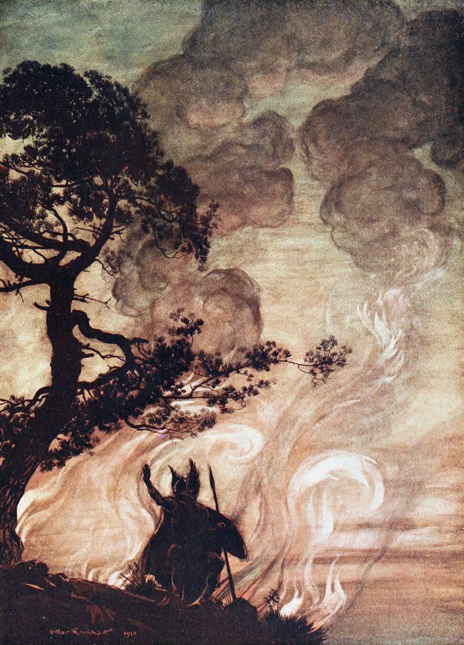 Wotan se retourne et regarde tristement Brünnhilde. Illustration pour L