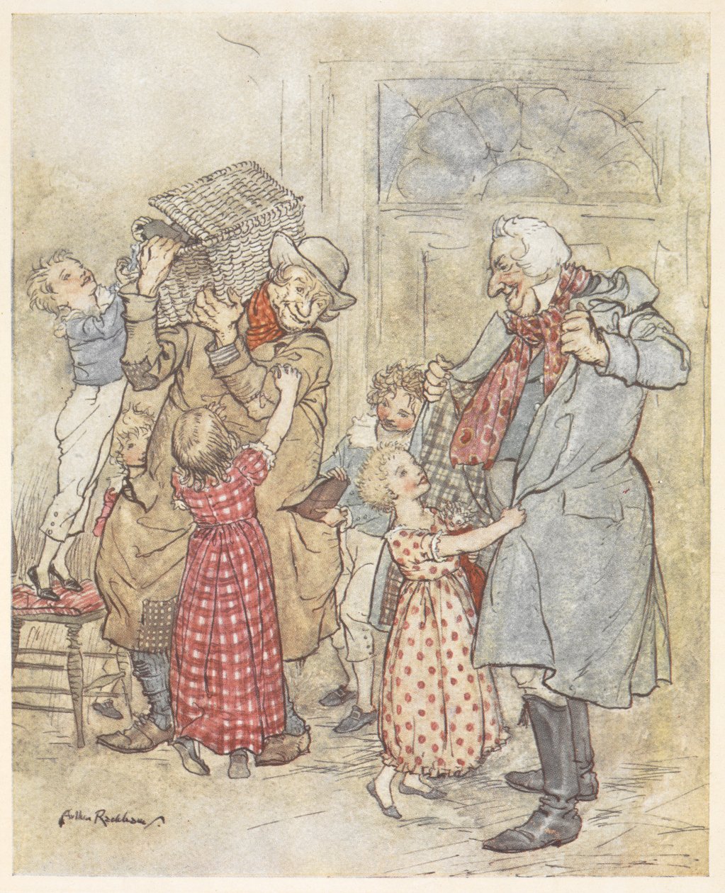 Jeunes enfants aidant deux hommes âgés avec leurs manteaux en entrant dans une maison portant des cadeaux de Noël - Arthur Rackham