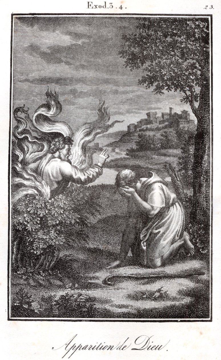 Bible - Moïse et le buisson ardent Dieu apparaît à Moïse depuis un buisson ardent. - Artist Unknown