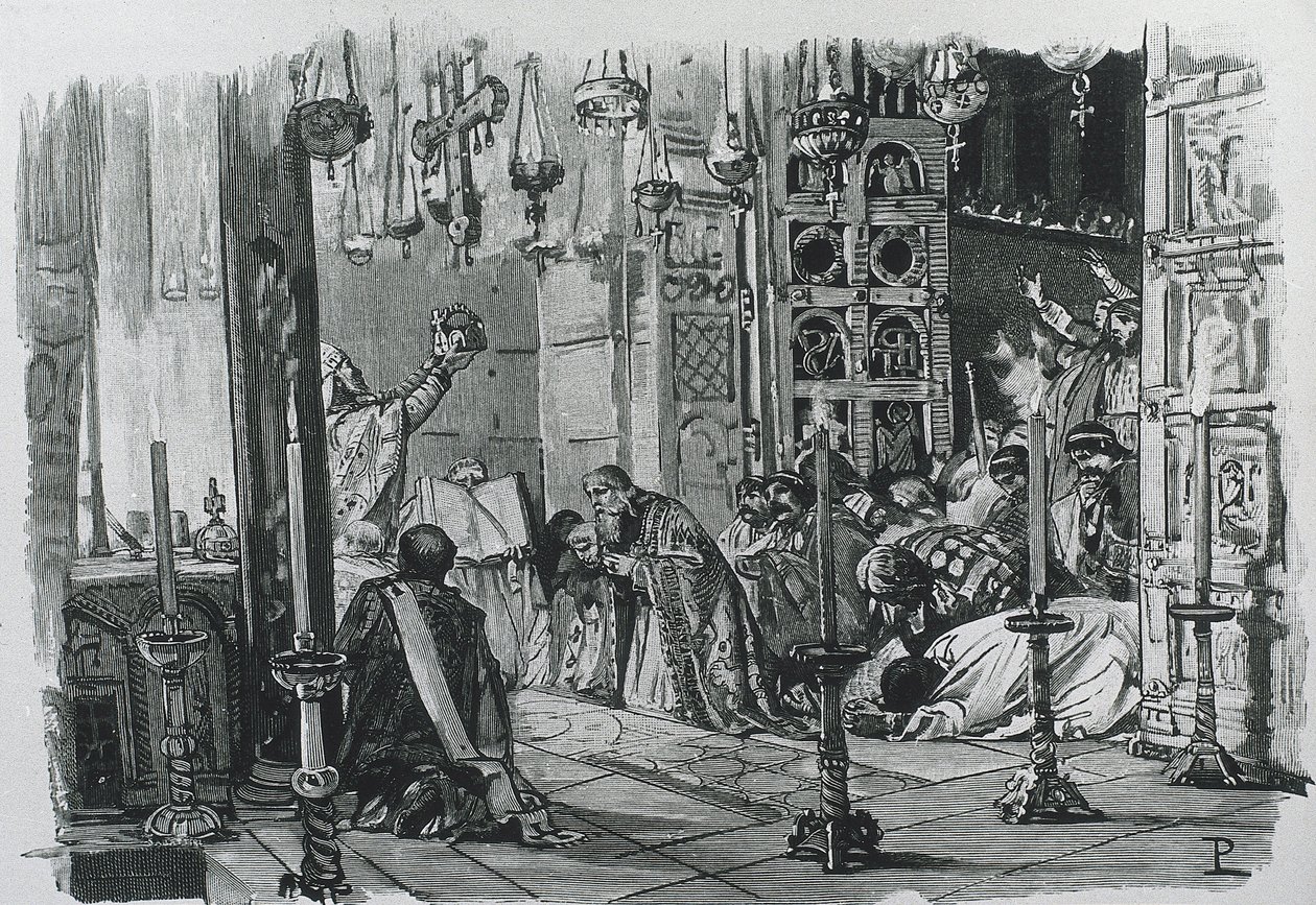 CHARLEMAGNE ou CHARLES I (742-814). Roi des Francs et des Lombards (768-814) et empereur romain germanique (800-814). Couronnement de Charlemagne comme empereur romain germanique (800). Gravure. - Artist Unknown