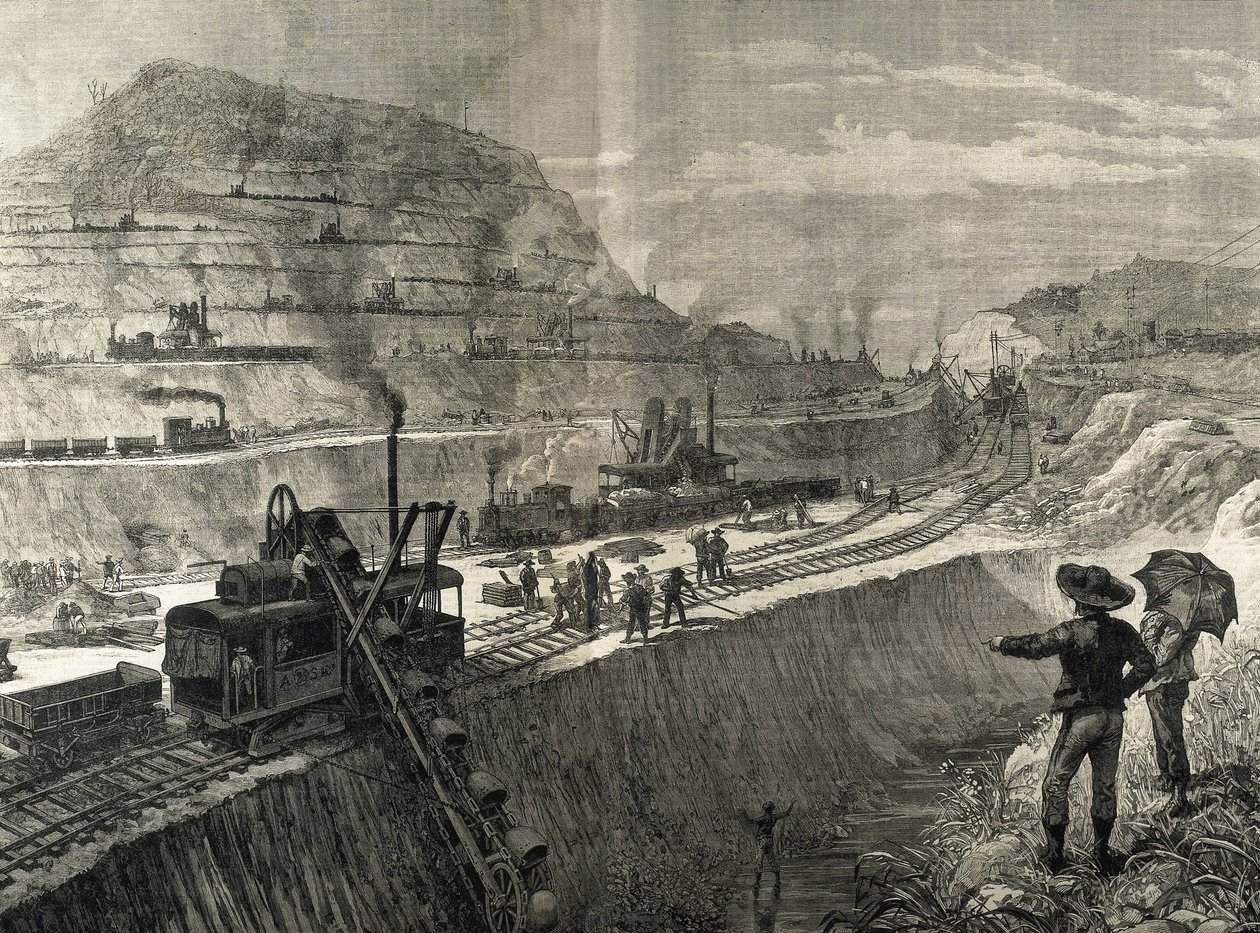 Construction du canal de Panama. Travaux de dragage dans le village de Culebra. Dessin original de Meltor Prior. Image publiée dans « The Illustrated London News ». Gravure. - Artist Unknown