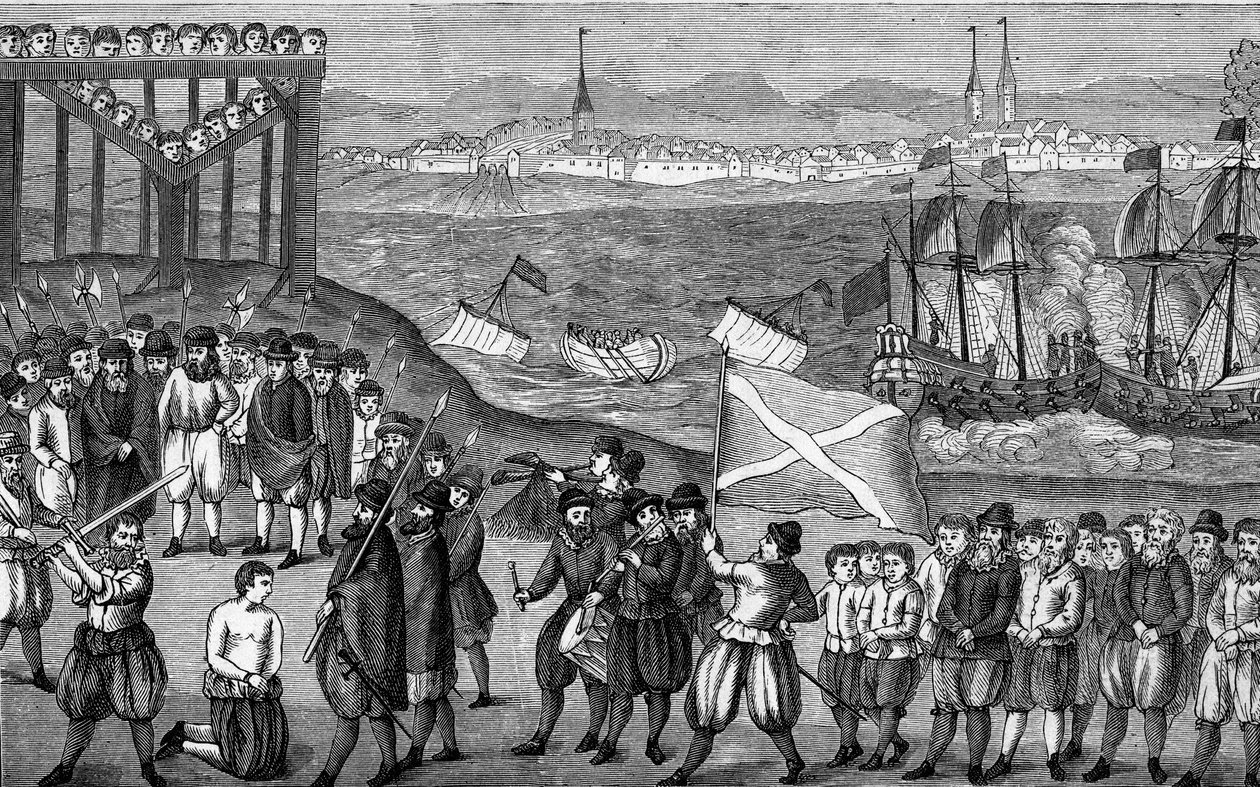 Exécution du célèbre pirate allemand Klaus Stortebeker (1360-1401) et de ses 71 complices en 1401 à Hambourg. Gravure d