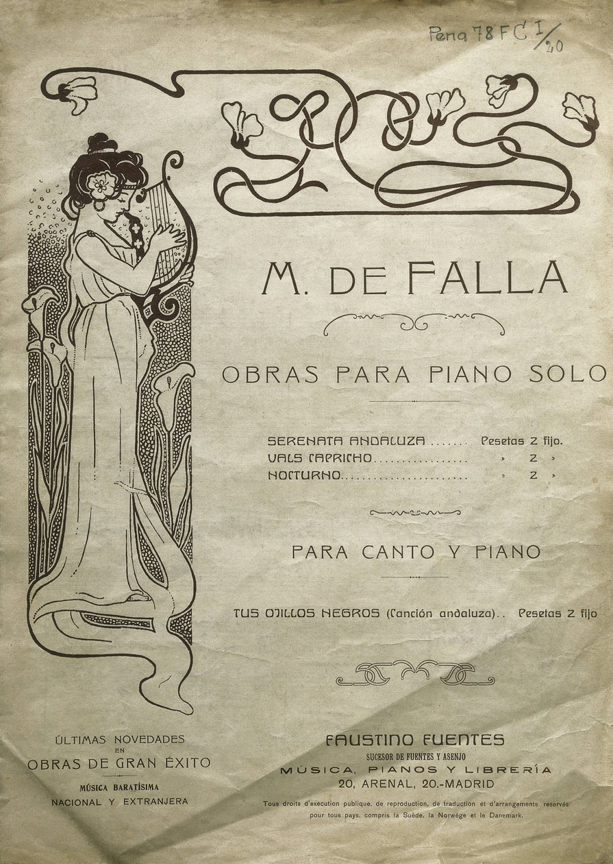 FALLA, Manuel de (1876-1946). Compositeur et pianiste espagnol. Œuvres pour piano solo et pour piano et voix. Édité à Madrid. - Artist Unknown