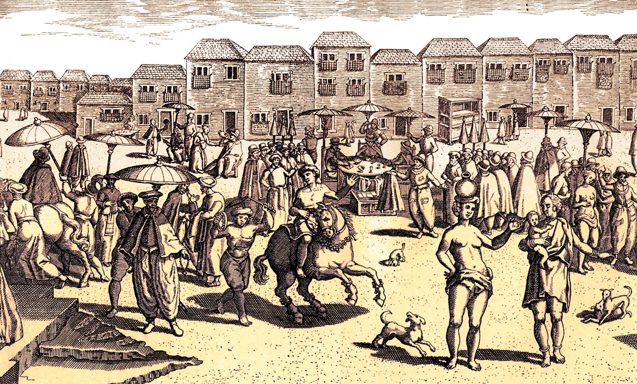 Scène de marché à Goan, tirée de "Navigatio in Orientem". - Artist Unknown