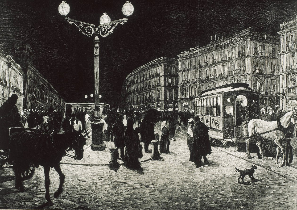 Madrid (1878). La Puerta del Sol éclairée par la lumière électrique. Illustration d