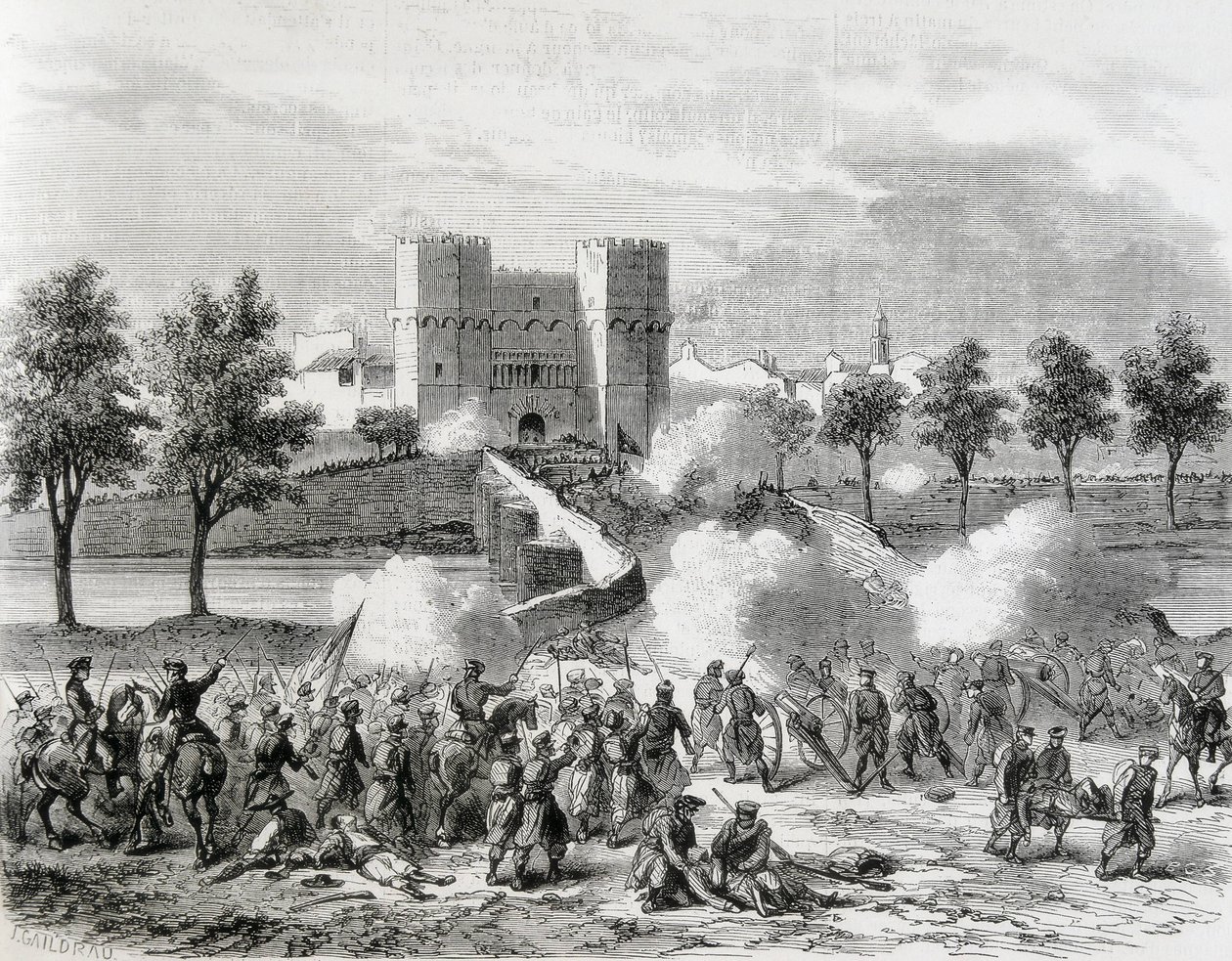 Espagne (1868). Glorieuse Révolution. Attaque des troupes gouvernementales à la porte des Serrans à Valence. Gravure de « L
