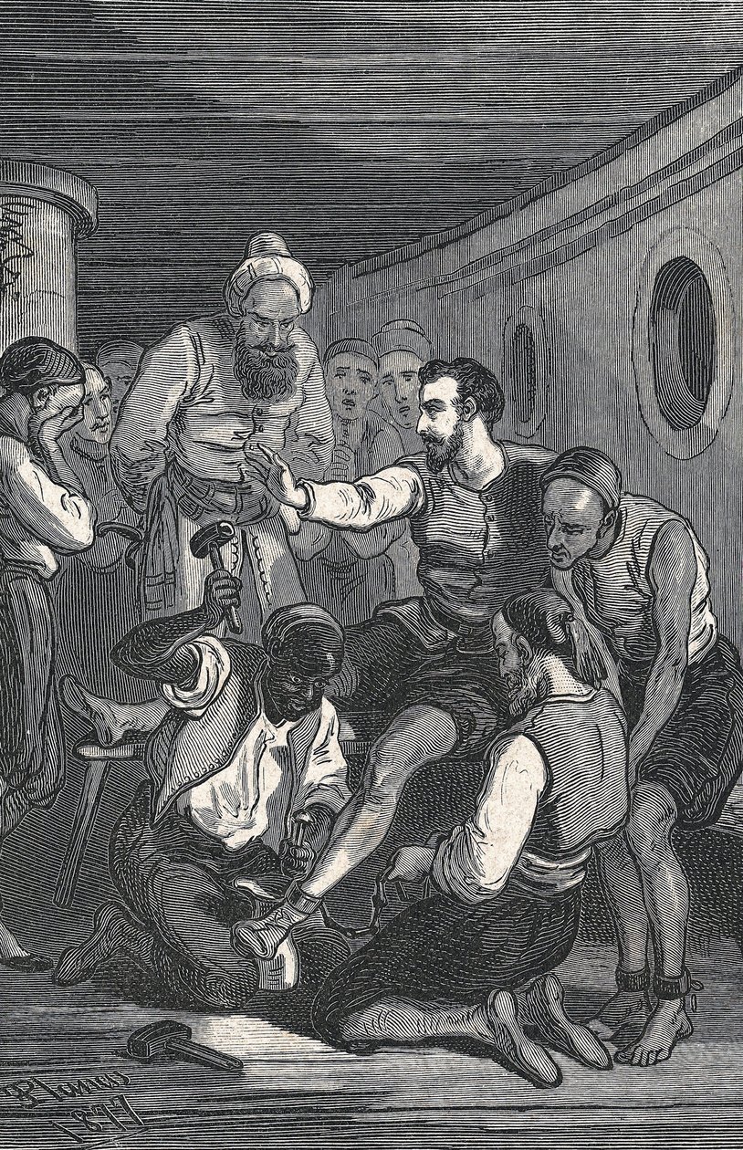 Les Trinitaires Fray Juan Gil et Fray Anton de la Bella libèrent Cervantes de la captivité à Alger en 1580 (gravure) - Artist Unknown