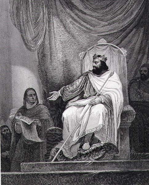 Charlemagne (742-814) émettant le capitulaire de Herstal en 779, gravé par Leclerc - Ary (after) Scheffer