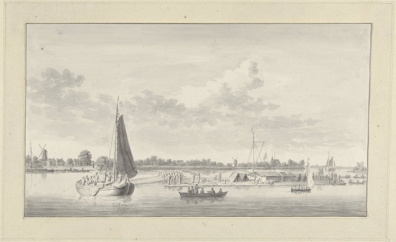 Grand radeau et divers navires sur la Merwede près de la maison de Merwe à Dordrecht - Ary van Wanum