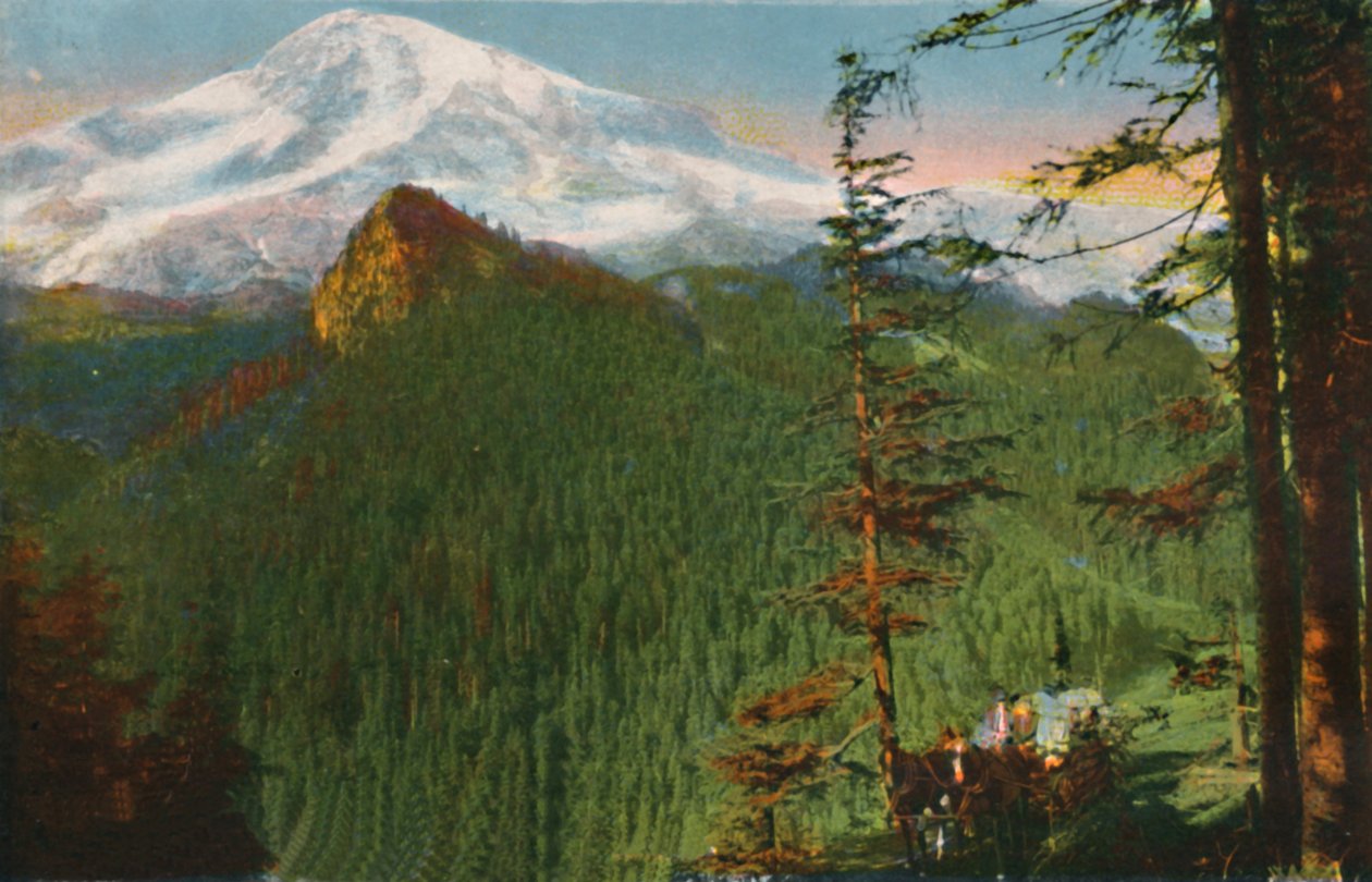 La route à Rickseeker Point, Mont Rainier au loin, Washington, vers 1916 - Asahel Curtis