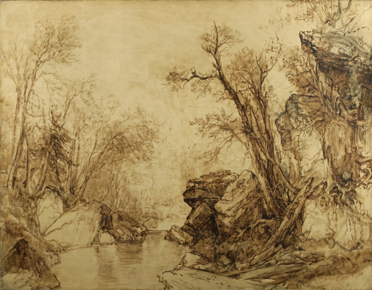 Paysage en sépia : arbres avec ruisseau, 1854 - Asher Brown Durand