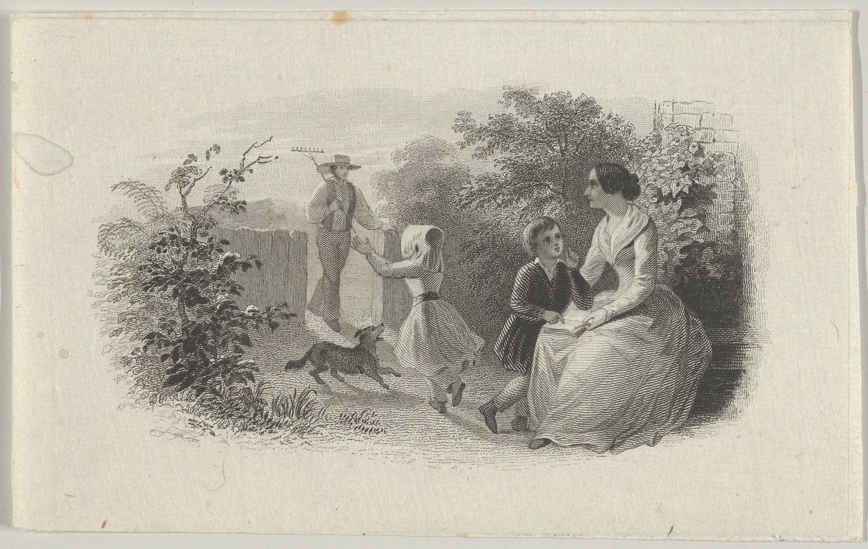 Vignette de billet de banque avec une famille dans un jardin, ca. 1824-37 - Asher Brown Durand.