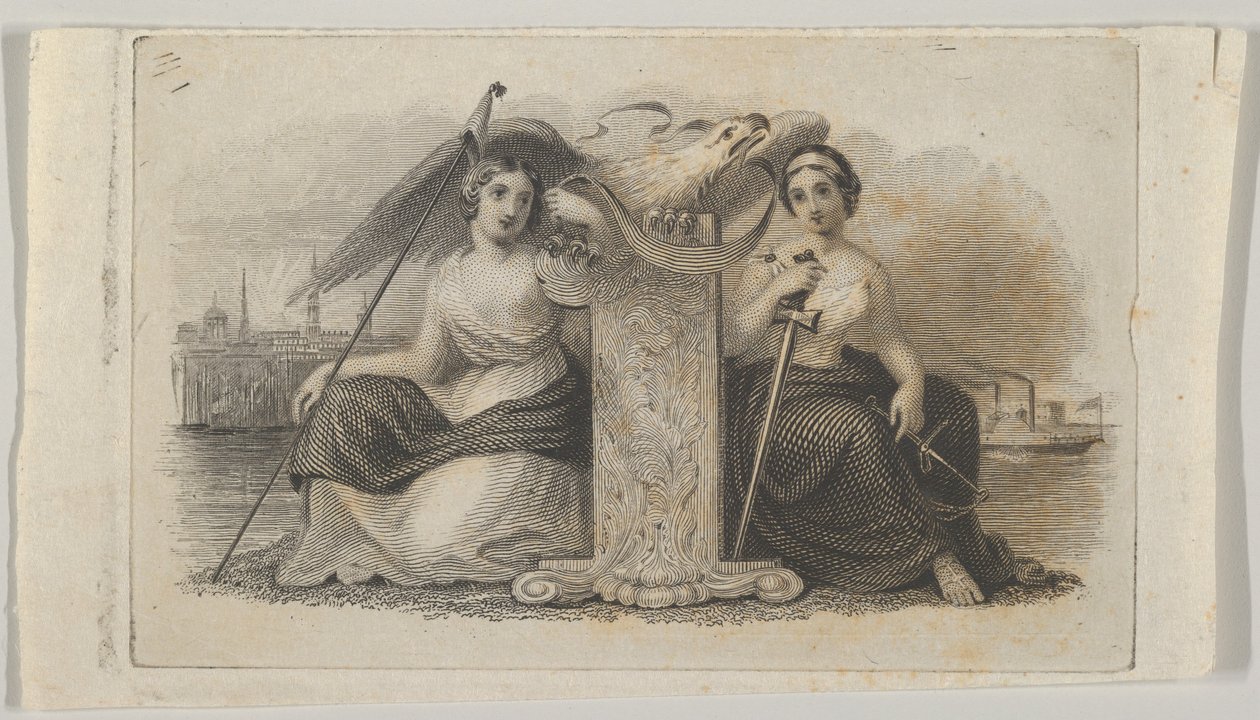 Vignette de billet de banque avec des figures féminines représentant la Liberté et la Justice, vers 1824-37 - Asher Brown Durand.